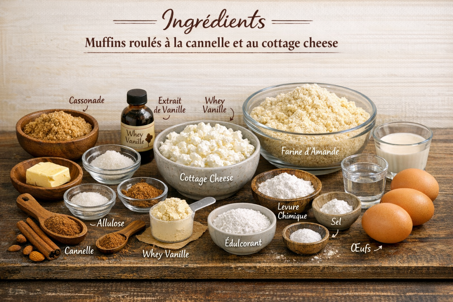 Ingredients de la recette Muffins roulés à la cannelle au cottage cheese