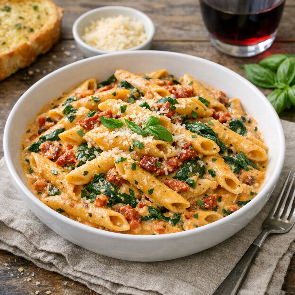Plat servi de la recette Pâtes crémeuses aux tomates séchées et épinards