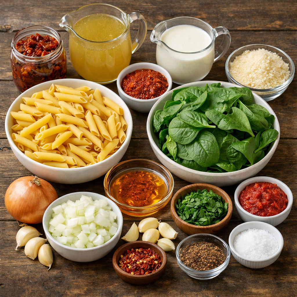 Ingredients de la recette Pâtes crémeuses aux tomates séchées et épinards