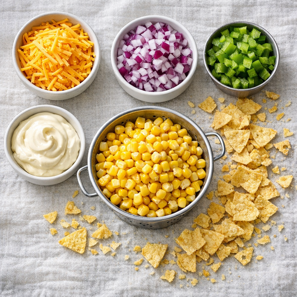 Flat lay of fresh ingredients for corn salad: shredded cheddar cheese, diced red onion, green bell pepper, canned corn kernels, mayonnaise in a small bowl, and crushed tortilla chips scattered on a light linen cloth, natural window light, bright and organized composition