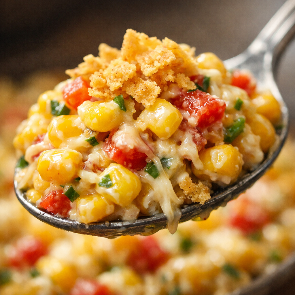 Close-up macro shot of a spoonful of creamy corn salad with visible corn kernels, diced peppers, melted cheese, and a crushed chip on top, soft natural side lighting, shallow depth of field, appetizing and detailed