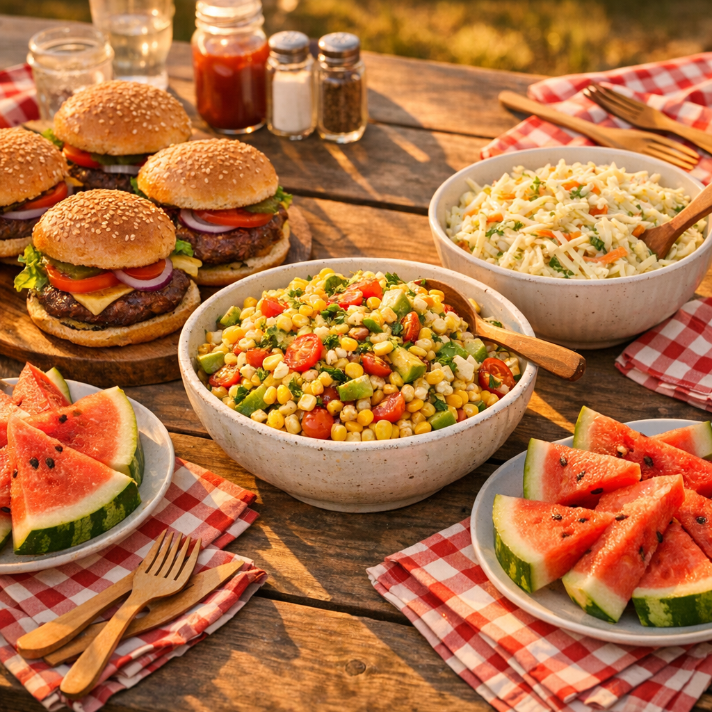 A picnic table spread with grilled hamburgers, fresh watermelon slices, coleslaw in a white bowl, and the corn salad in the center, surrounded by checkered napkins and wooden utensils, warm golden hour sunlight, festive summer gathering mood