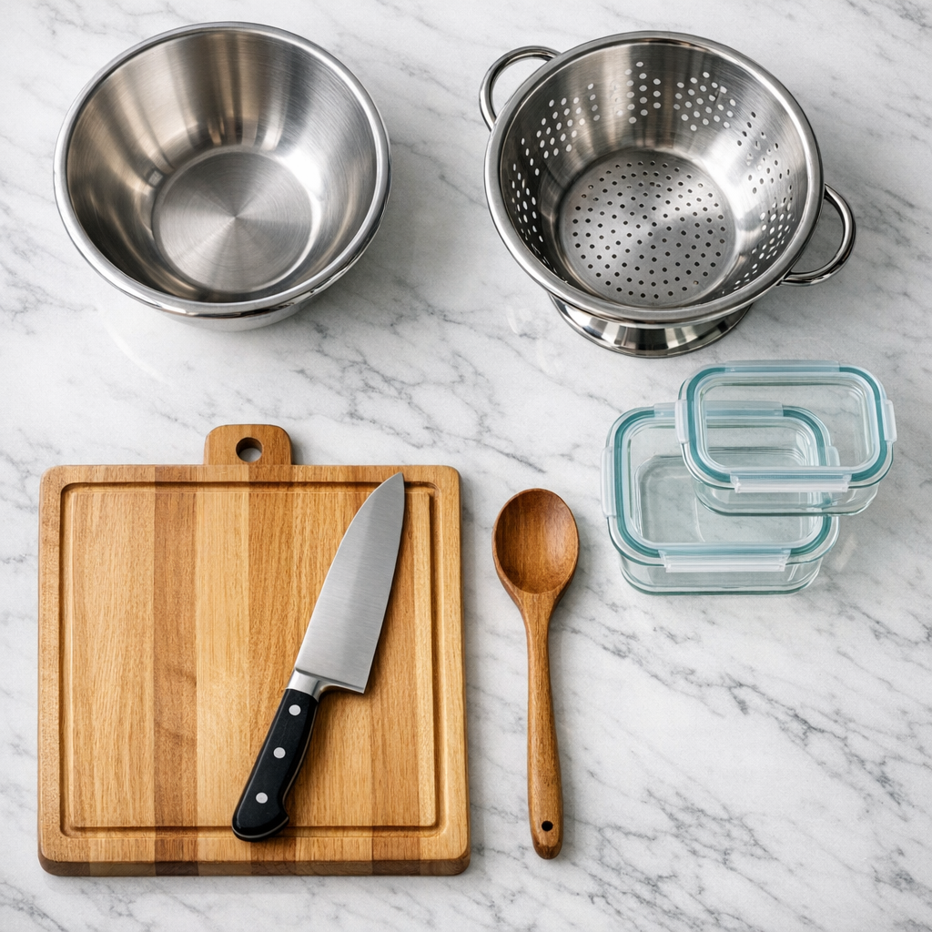 Flat lay of kitchen tools arranged on a white marble countertop: a large mixing bowl, colander, chef's knife, cutting board, wooden spoon, and glass storage containers with lids, natural window light, clean and organized kitchen aesthetic