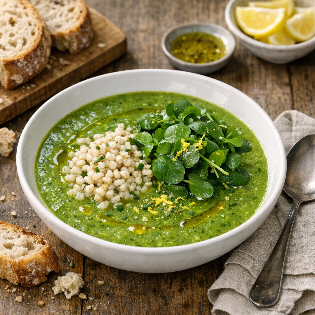 Soupe d epinard gratinee au courgette servi sur une table