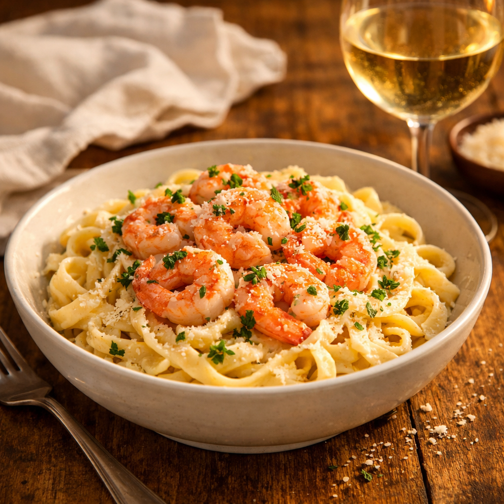 A beautifully plated bowl of creamy fettuccine Alfredo with succulent pink shrimp on top, garnished with fresh parsley and a light dusting of grated Parmesan cheese, shot at a 45-degree angle with soft warm golden hour lighting, on a rustic wooden table with a white linen napkin and a glass of white wine in the background, rich and elegant mood