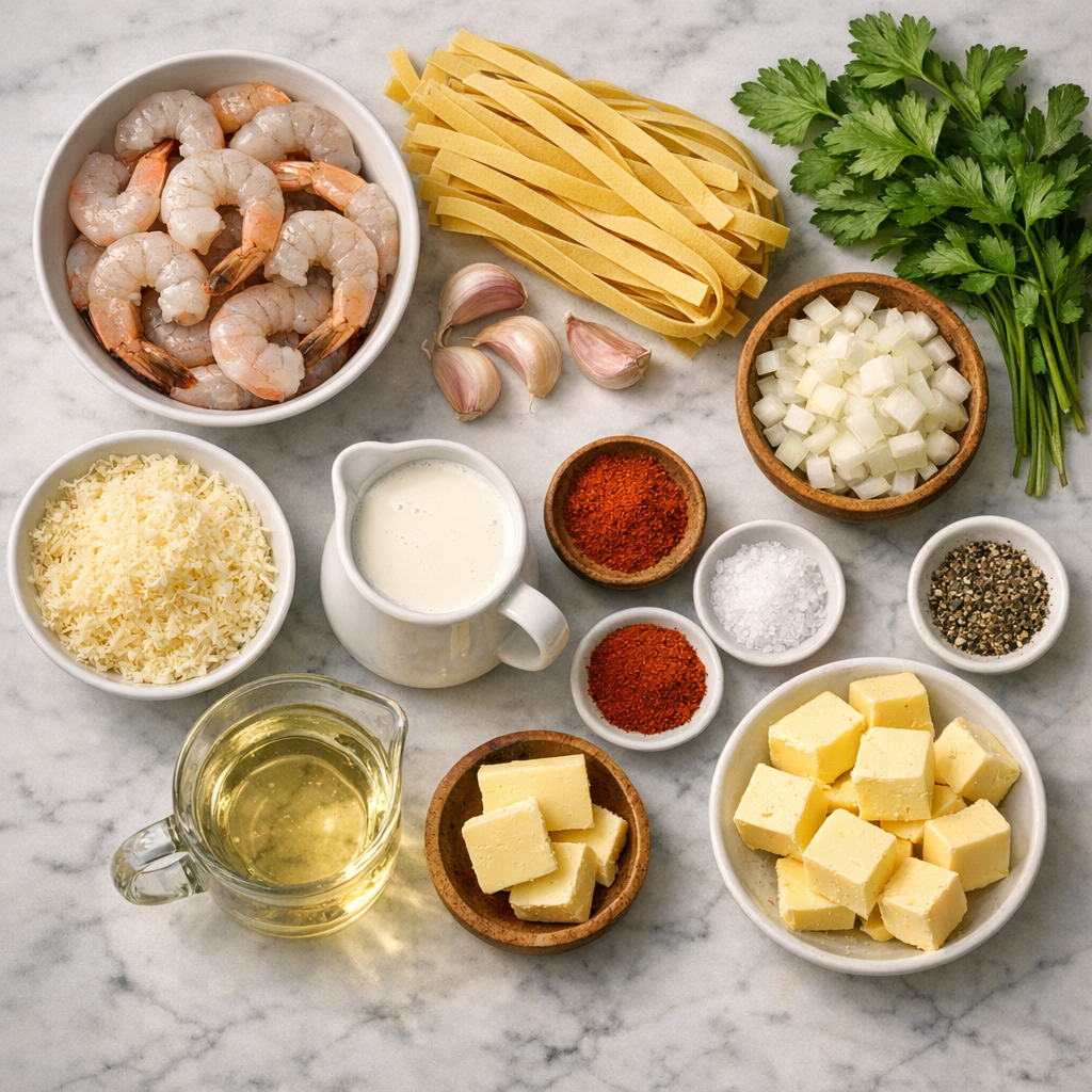 Overhead flat lay of all fresh ingredients for shrimp Alfredo: raw pink shrimp, dried fettuccine pasta, fresh garlic cloves, diced onion, fresh parsley, grated Parmesan cheese, cream, white wine, butter, paprika, salt and pepper arranged on a white marble countertop with soft natural side lighting, fresh and organized composition