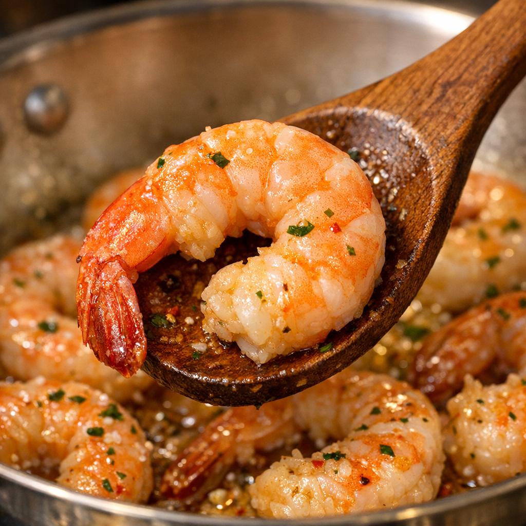 Close-up macro shot of perfectly cooked pink shrimp in a stainless steel pan, showing the translucent to opaque color change, with a wooden spoon lifting one shrimp, warm kitchen lighting, shallow depth of field focusing on the shrimp texture