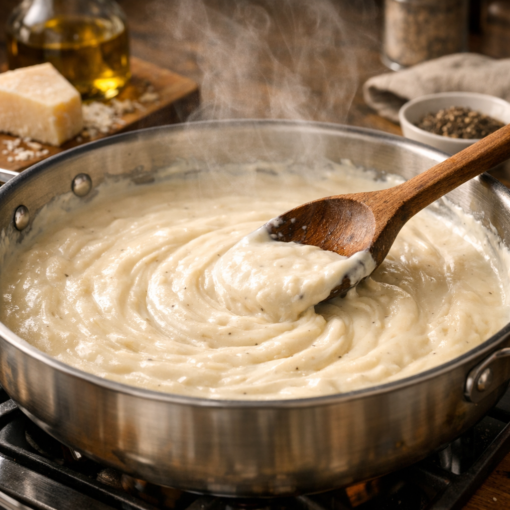 Wide-angle shot of a creamy Alfredo sauce being stirred in a stainless steel pan, showing the smooth, glossy texture with melted Parmesan, wooden spoon mid-stir, warm kitchen lighting, steam rising gently from the pan