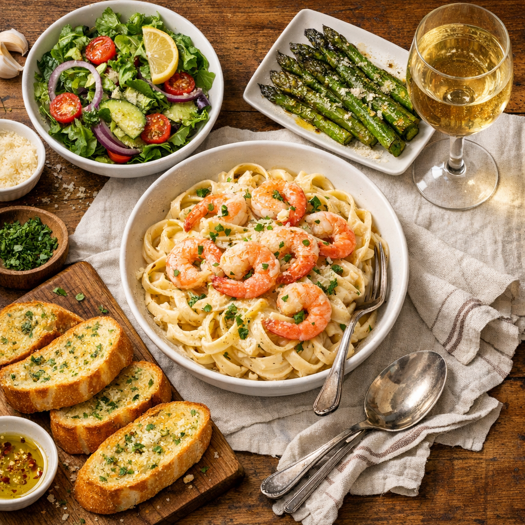 Styled flat lay of a complete Italian dinner spread: a bowl of fettuccine Alfredo with shrimp, a side salad with lemon vinaigrette in a white bowl, roasted asparagus on a small plate, sliced garlic bread, and a glass of white wine, all arranged on a rustic wooden table with a white linen tablecloth, warm and inviting mood
