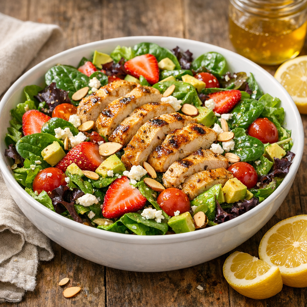 A vibrant, colorful chicken salad in a large white ceramic bowl, featuring grilled chicken pieces, fresh spinach, mixed greens, sliced strawberries, diced avocado, cherry tomatoes, crumbled feta cheese, and toasted sliced almonds. The salad is glistening with honey-lemon vinaigrette. Shot at a 45-degree angle with soft natural window light, on a rustic wooden table with a linen napkin and fresh lemon halves nearby. Warm, fresh, and appetizing mood with vibrant reds, greens, and golden tones.