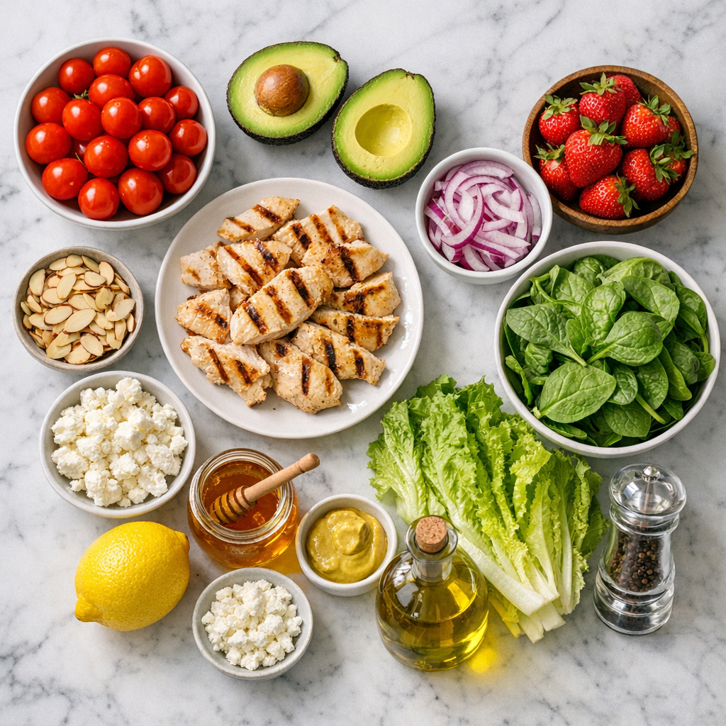 Overhead flat lay of all fresh ingredients for the salad arranged on a white marble countertop: a bowl of cherry tomatoes, ripe avocado halves, fresh strawberries, red onion, spinach leaves, romaine lettuce, grilled chicken breast pieces, sliced almonds in a small bowl, crumbled feta cheese, fresh lemon, honey jar, Dijon mustard, olive oil bottle, and black pepper. Soft natural side lighting, clean and organized composition with fresh, vibrant colors.