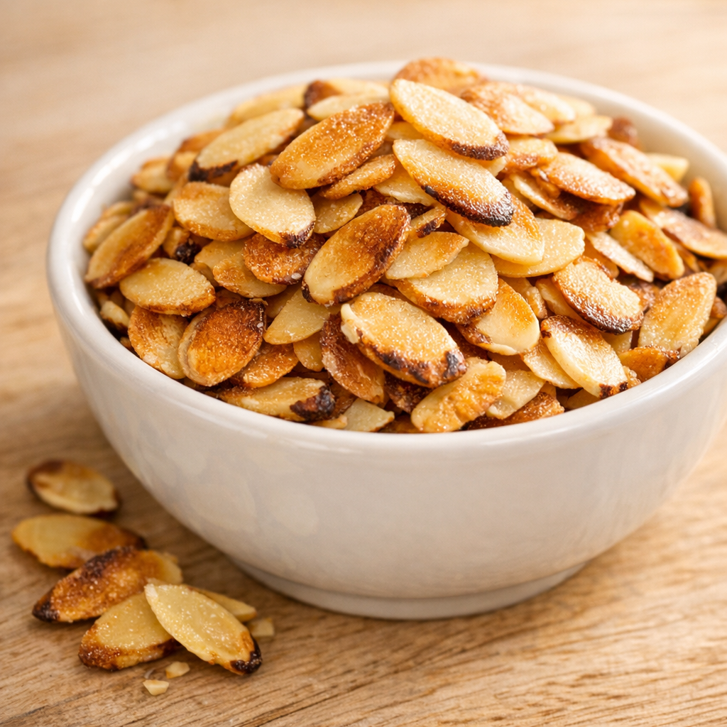 Close-up macro shot of toasted sliced almonds in a small white ceramic bowl, showing their golden-brown color and texture. Soft warm natural light from the side, on a light wooden surface with a few almonds scattered nearby. Warm, cozy mood emphasizing the nutty, roasted appearance.