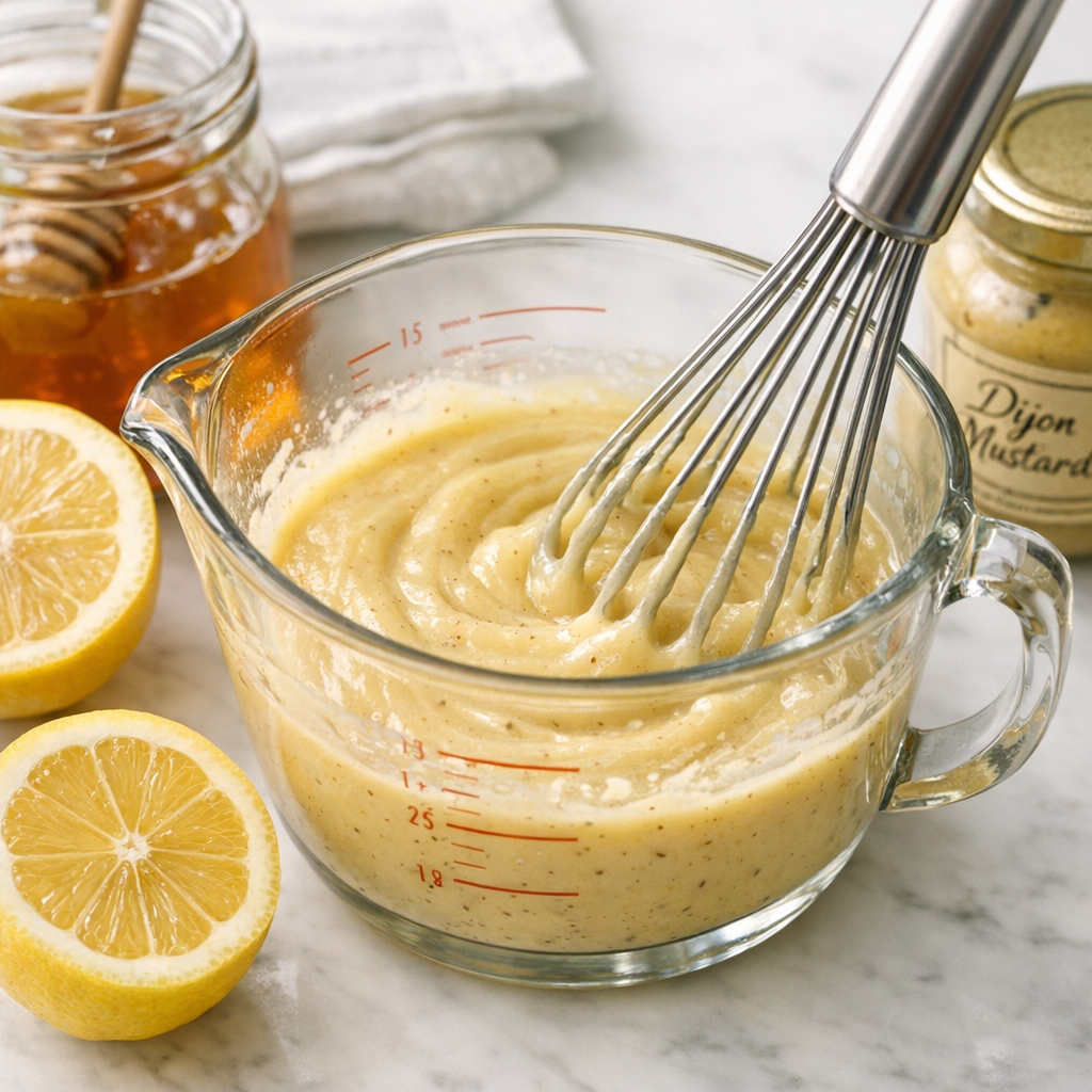 A glass bowl or measuring cup containing a creamy honey-lemon vinaigrette being whisked with a wire whisk, showing the emulsified texture. Soft natural light, with fresh lemon halves, a honey jar, and Dijon mustard jar visible nearby on a white marble countertop. Fresh and appetizing mood.