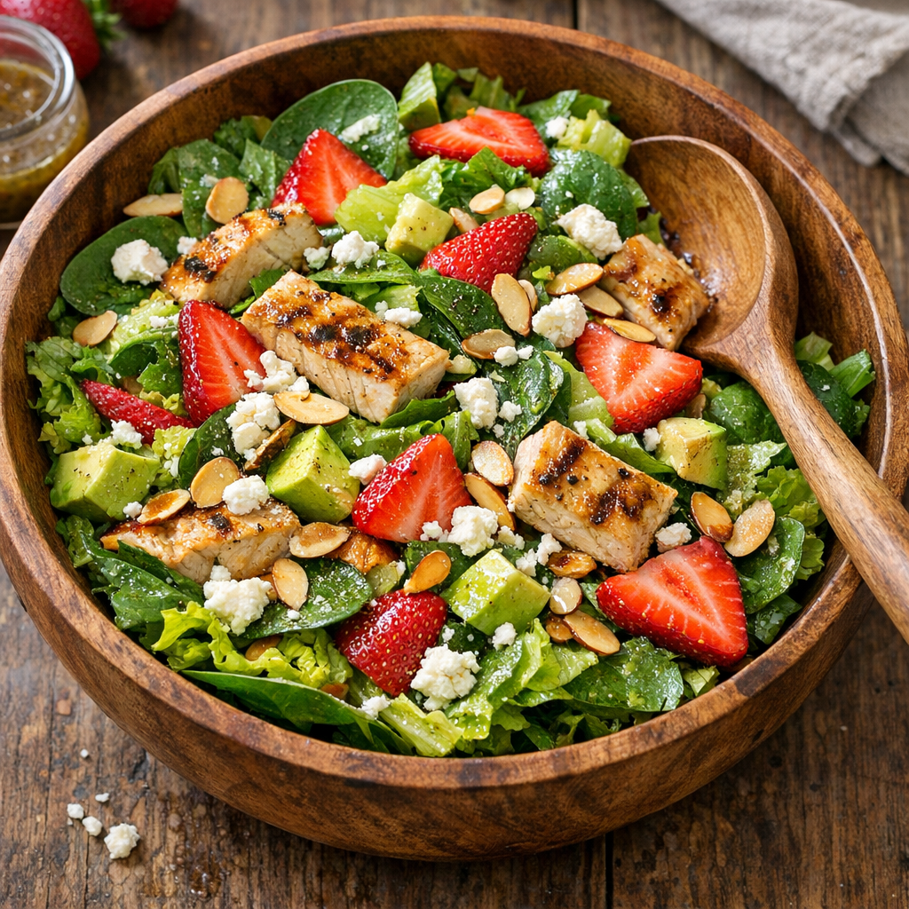 A large wooden salad bowl filled with the assembled salad showing all components mixed together: vibrant green spinach and romaine, red strawberry slices, pale green avocado pieces, white feta crumbles, golden toasted almonds, and grilled chicken pieces. The salad glistens with vinaigrette. Shot from above at a slight angle, soft natural light, rustic wooden table with a wooden spoon resting in the bowl. Fresh, appetizing, and colorful mood.
