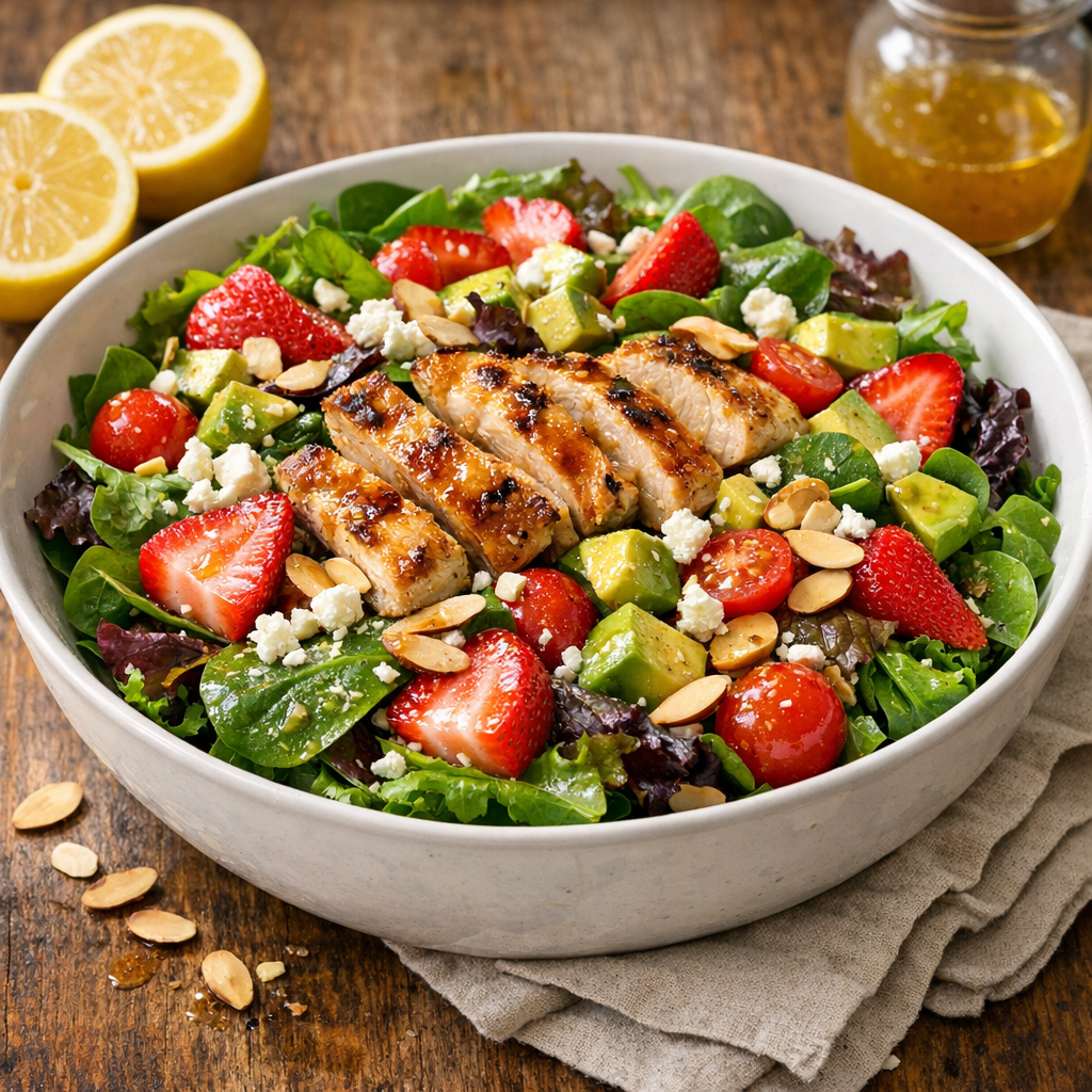 Salade Poulet, Fraises et Avocat avec Vinaigrette au Miel et Citron