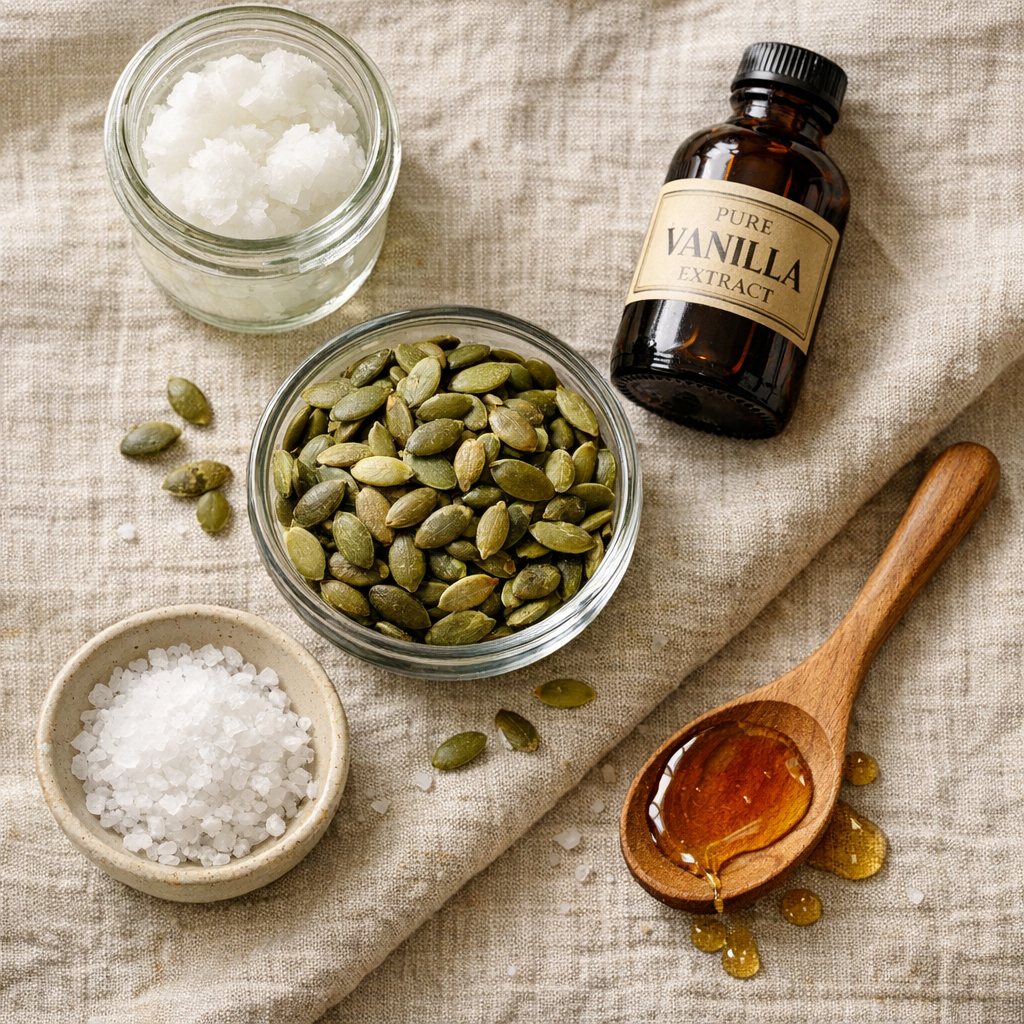 Overhead flat lay of raw pumpkin seeds in a small glass bowl, coconut oil in a clear jar, honey drizzled on a wooden spoon, sea salt in a small ceramic dish, and fresh vanilla extract bottle, arranged on a light linen cloth with soft natural window light, warm and organic mood