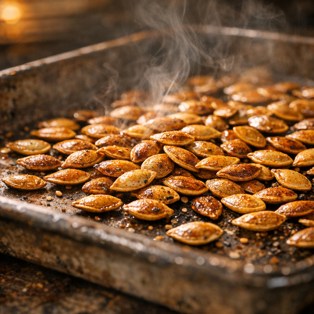Close-up of golden-brown roasted pumpkin seeds on a baking sheet, steam rising slightly, warm oven light, shallow depth of field focusing on the toasted seeds, rustic metal baking tray, warm and aromatic mood