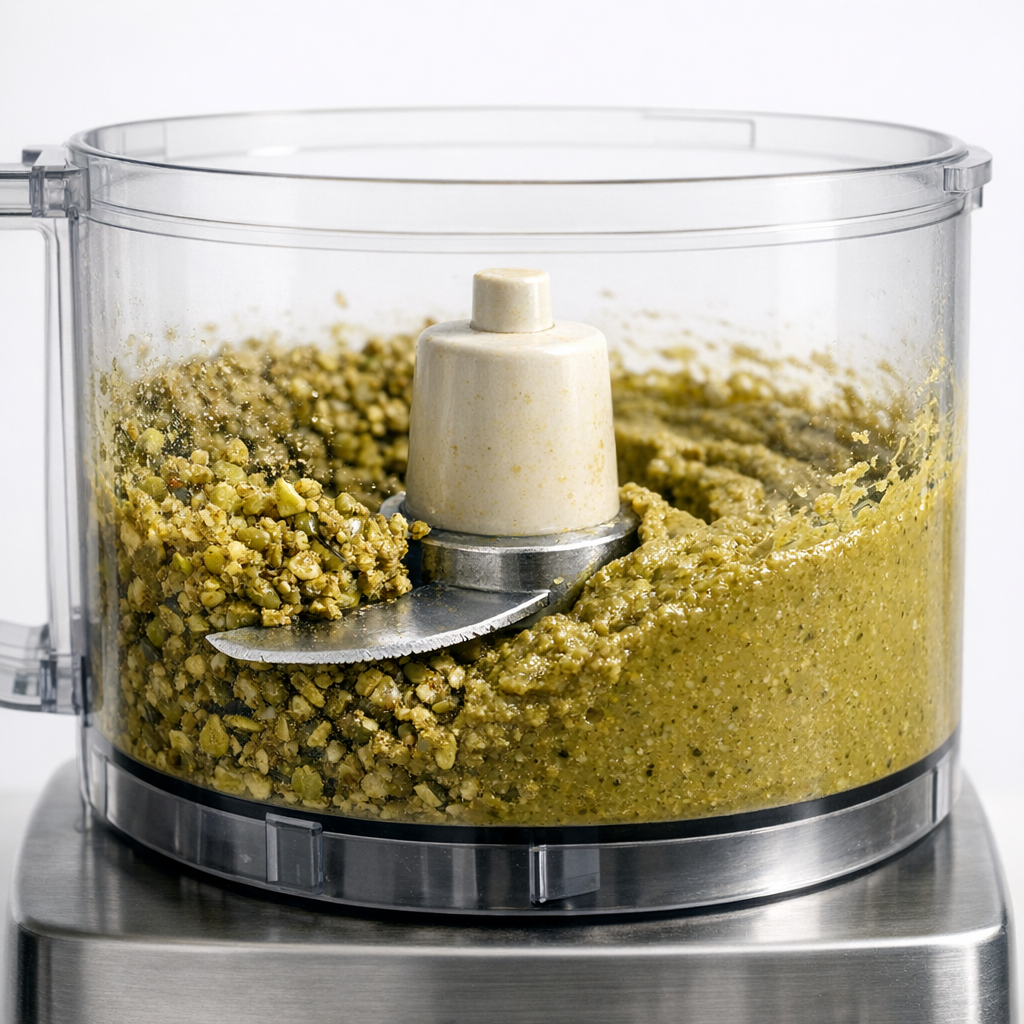 Side view of a food processor with partially blended pumpkin seed butter showing the transition from chunky to creamy texture, metal blade visible, soft studio lighting, clean white background, process-focused mood