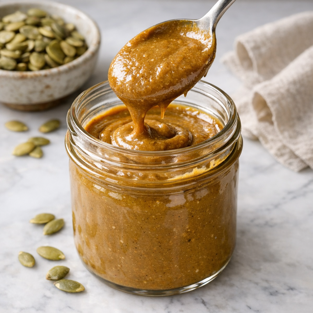Creamy pumpkin seed butter being spooned into a clear glass jar, rich golden-brown color, smooth and glossy texture visible, soft natural light, white marble countertop, artisanal and homemade mood