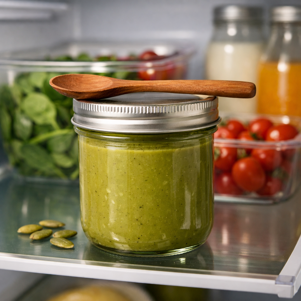Glass jar of finished pumpkin seed butter with a wooden spoon resting on top, sealed with a metal lid, stored on a refrigerator shelf with soft interior lighting, organized and fresh mood
