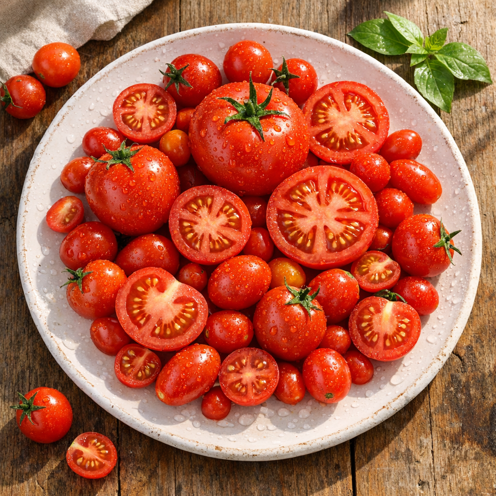 Flat lay of fresh ripe tomatoes in various sizes, some whole and some cut in half, arranged on a white ceramic plate with water droplets, soft natural morning light, rustic wooden surface, fresh and vibrant mood