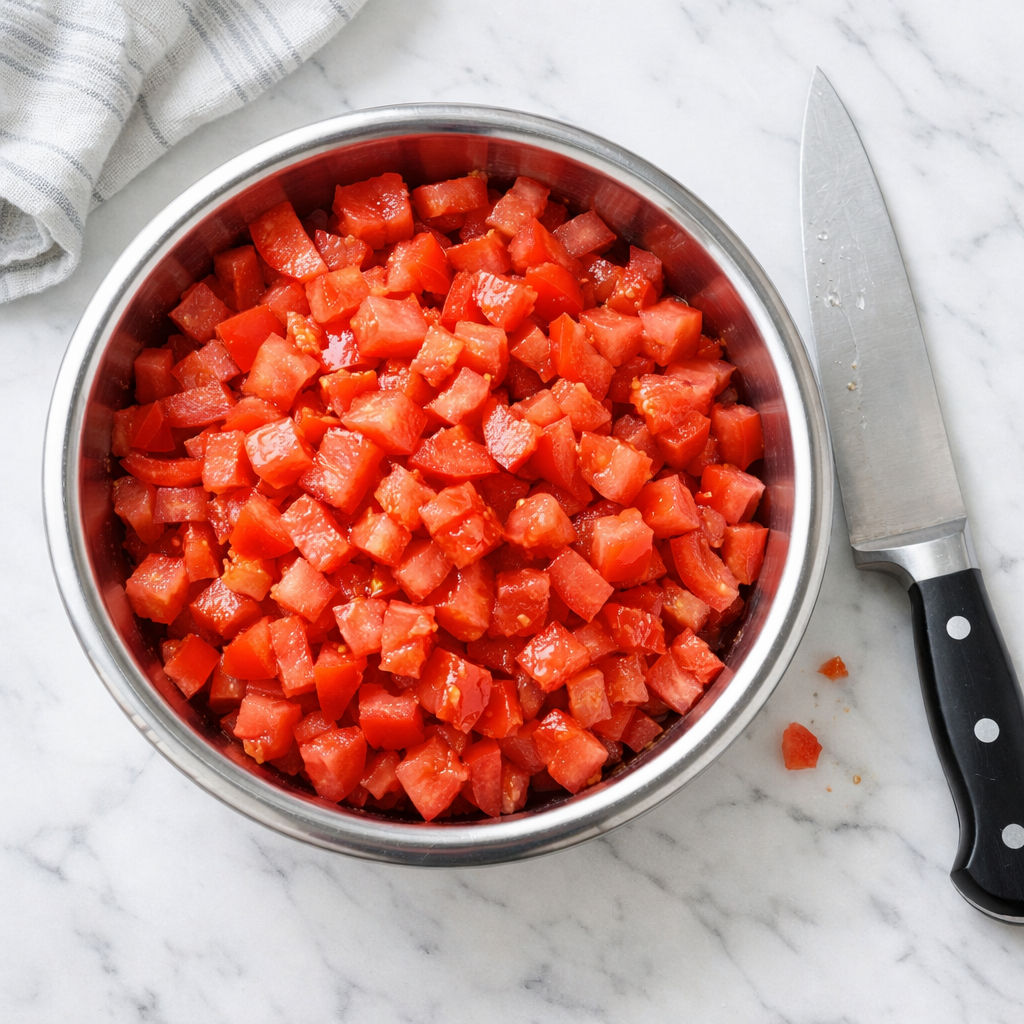 Close-up overhead shot of diced fresh tomatoes in a stainless steel bowl with a sharp knife beside it, soft natural light, white marble countertop, fresh and clean aesthetic