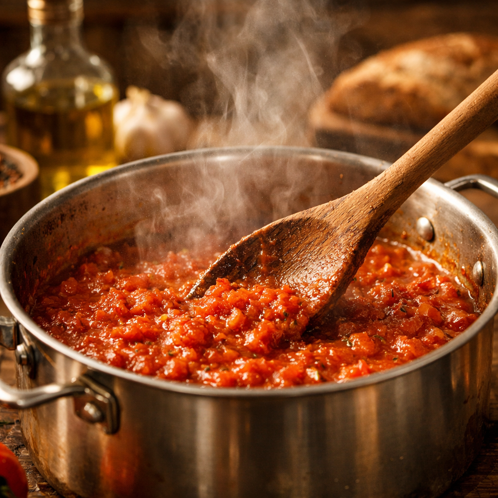 Side angle shot of simmering tomato mixture in a stainless steel pot with steam rising, wooden spoon stirring the sauce, warm golden hour lighting, rustic kitchen background, cozy and appetizing mood