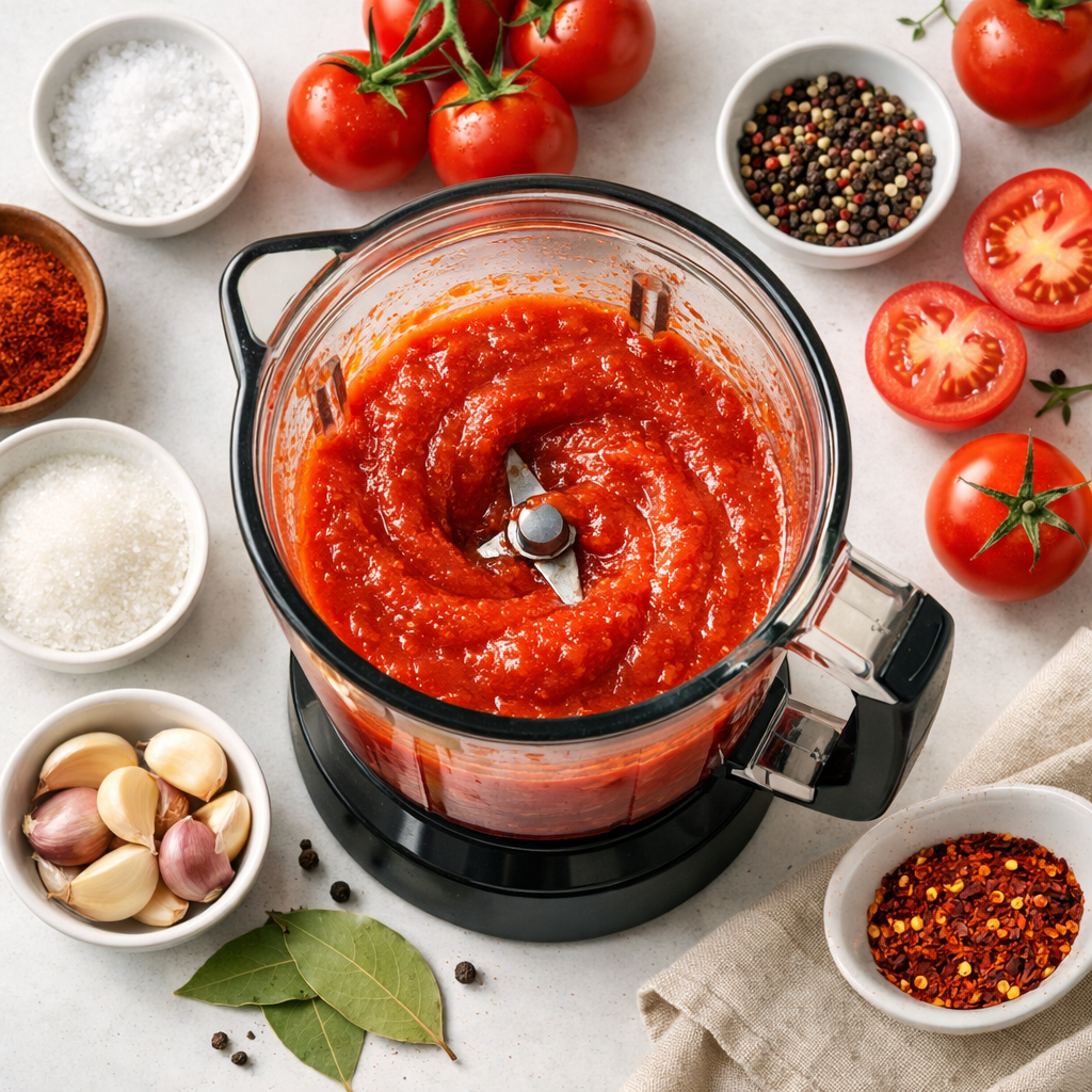 Overhead flat lay of a blender with red ketchup mixture inside, surrounded by fresh tomatoes and spices, soft natural light, white kitchen counter, modern and clean composition