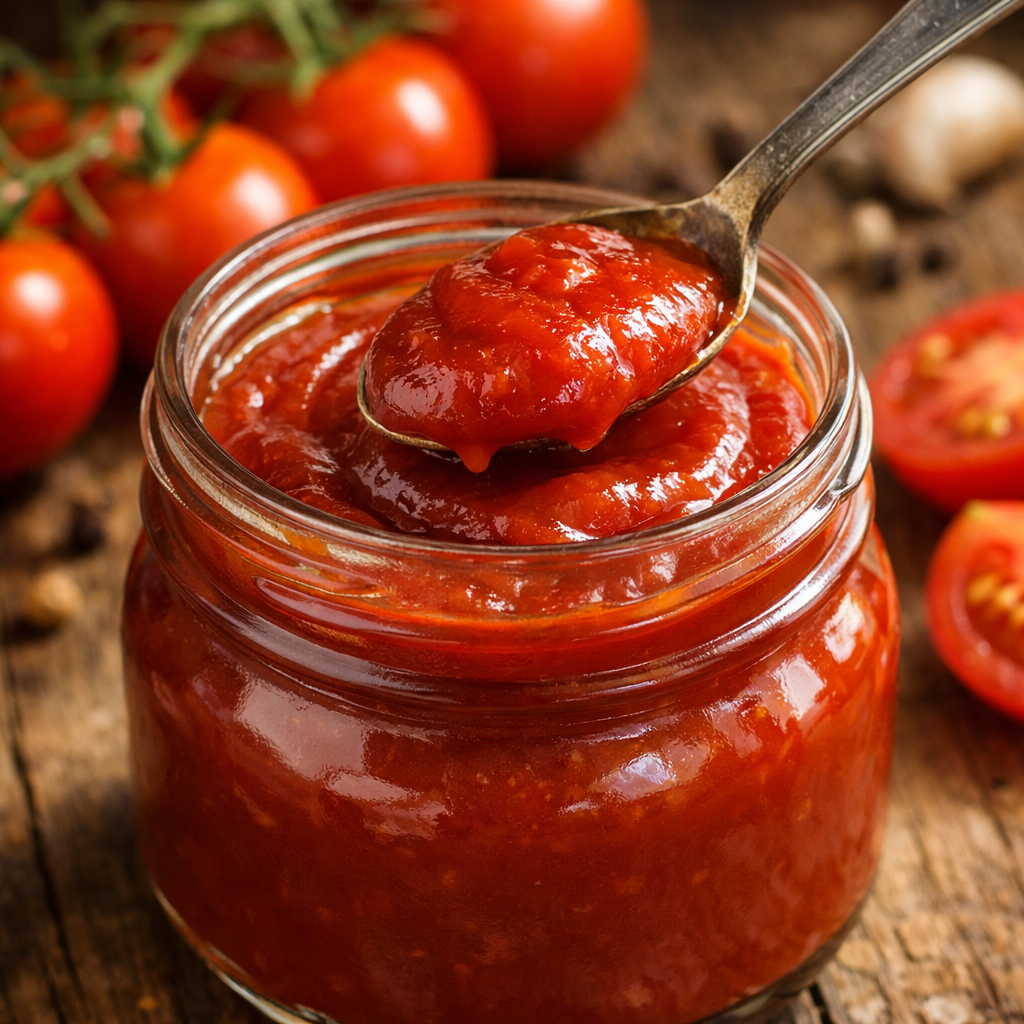 Styled shot of three glass jars filled with homemade ketchup of varying textures (smooth, chunky, and medium), arranged on a wooden board with fresh herbs and tomatoes, warm natural light, rustic farmhouse aesthetic