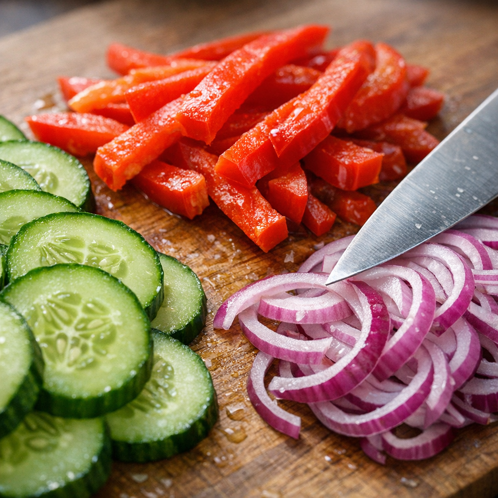 Close-up macro shot of fresh Mediterranean vegetables being sliced on a wooden cutting board: crisp cucumber rounds, vibrant red bell pepper strips, and thinly sliced red onion, with a sharp knife visible, natural daylight from the side, fresh and appetizing mood