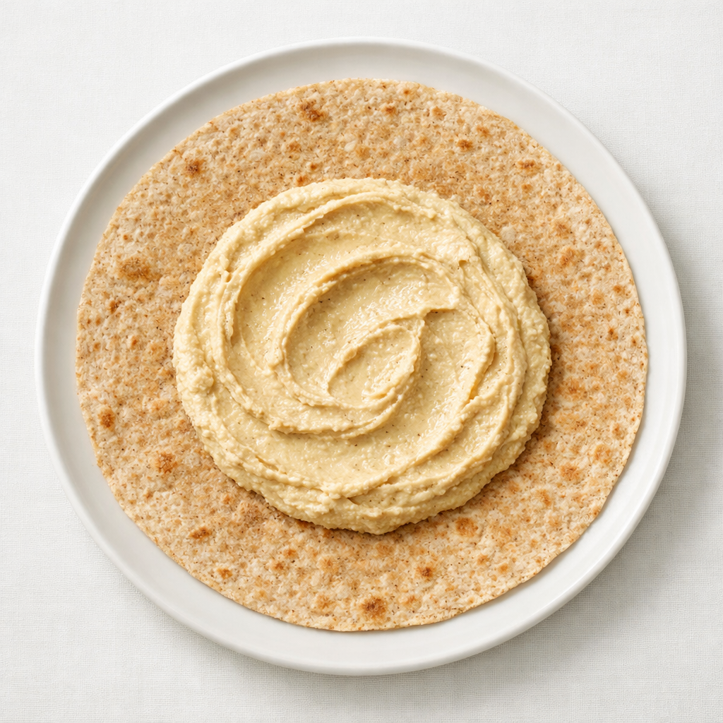 Overhead shot of a whole wheat wrap laid flat on a white ceramic plate with a generous spread of creamy hummus in the center, soft natural light, clean and minimalist composition