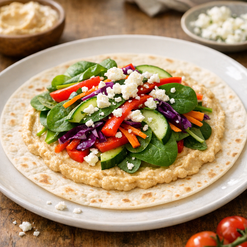 45-degree angle shot of a wrap in progress being assembled on a white plate: houmous spread visible, colorful vegetables and fresh spinach being layered, feta cheese scattered on top, warm natural light, appetizing and fresh mood