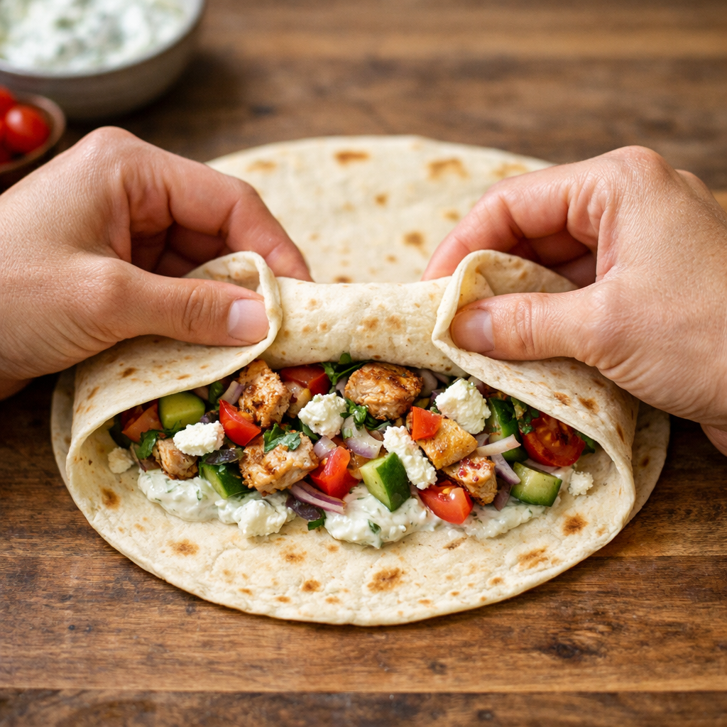 Step-by-step close-up of hands rolling a Mediterranean wrap: showing the folding technique with sides tucked in and the wrap being rolled tightly from bottom to top, natural light, focused and instructional mood