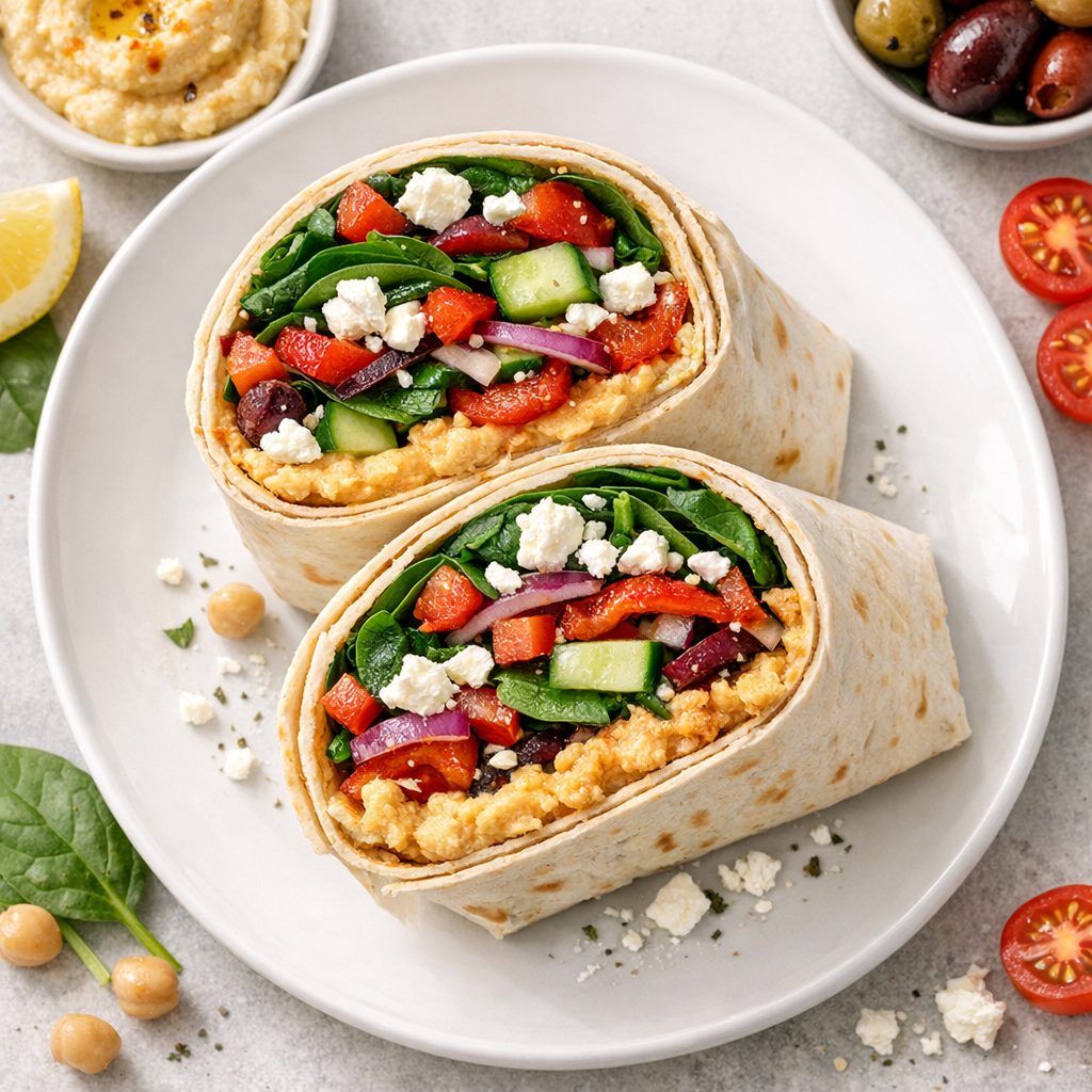 Overhead flat lay of two halves of a freshly cut Mediterranean wrap on a white plate, showing the colorful cross-section with visible layers of hummus, vegetables, spinach and feta, soft natural side lighting, appetizing and vibrant presentation
